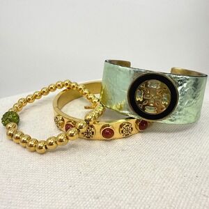 Rustic Cuff Bracelets Lot of 3 Gold Tone Cuff Green Metallic Leather Embellished